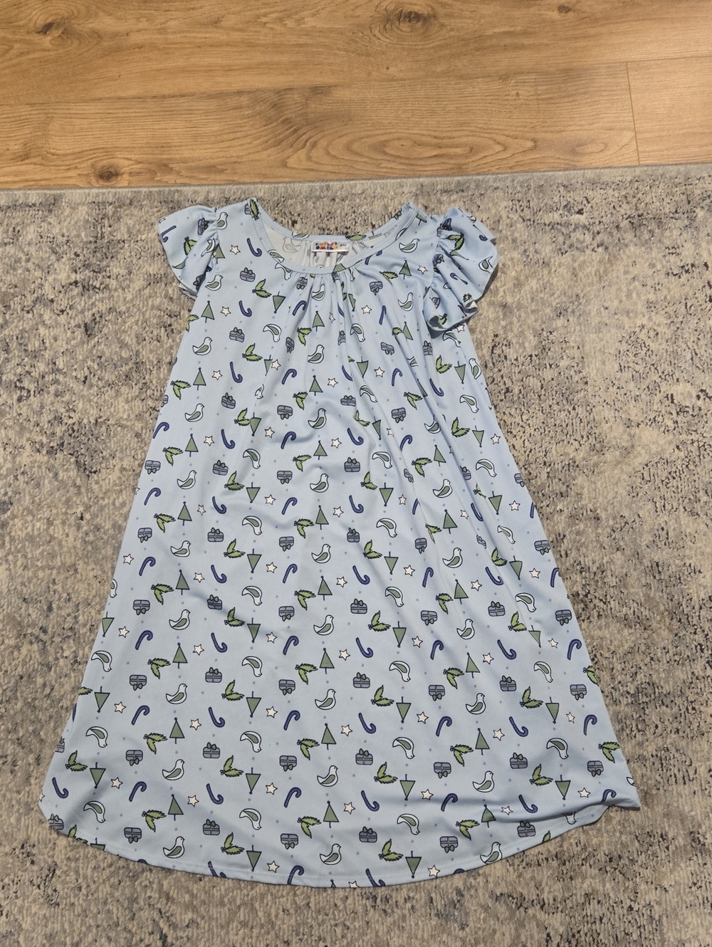 Dot Dot Smile Light Blue Printed Dress  with Green and Navy Accents, Christmas